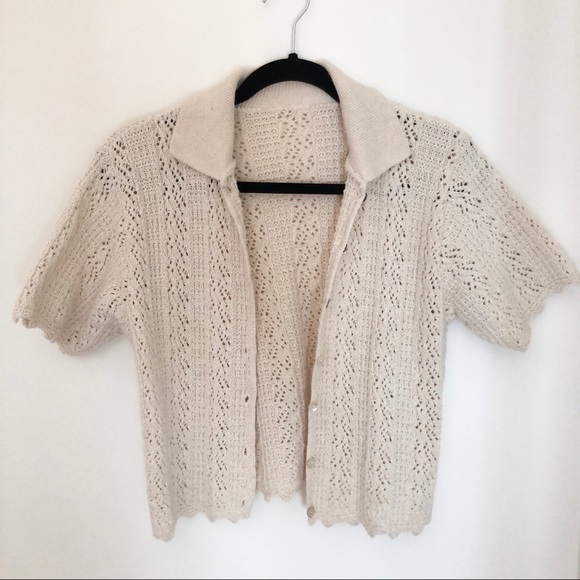 SOLD Knitted light cream short sleeve button up shirt - Picture 2 of 7